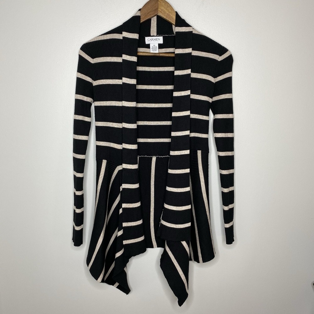 CARMEN MARCβ VALVO Ribbed Open Front Cardigan Sweater Striped Black Size XS